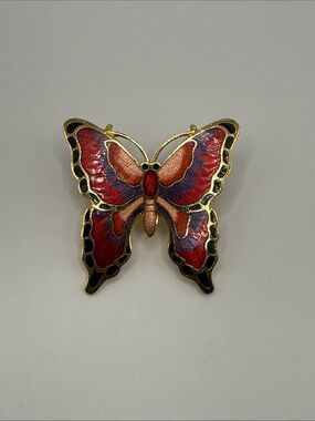 Vintage Gold Tone Red Purple Large Butterfly Brooch Pin